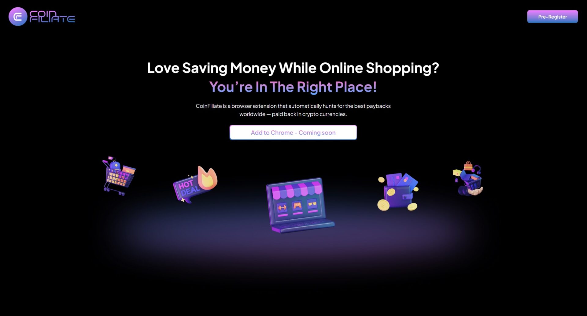 Marketing site for Coinfiliate: fast Jamstack landing with secure sign-in and GDPR-ready privacy to fuel pre-registration for a crypto cashback extension.